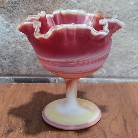 Slag Glass Orange Red Swirl Crimped Candy Trinket Dish - Picture 3 of 11
